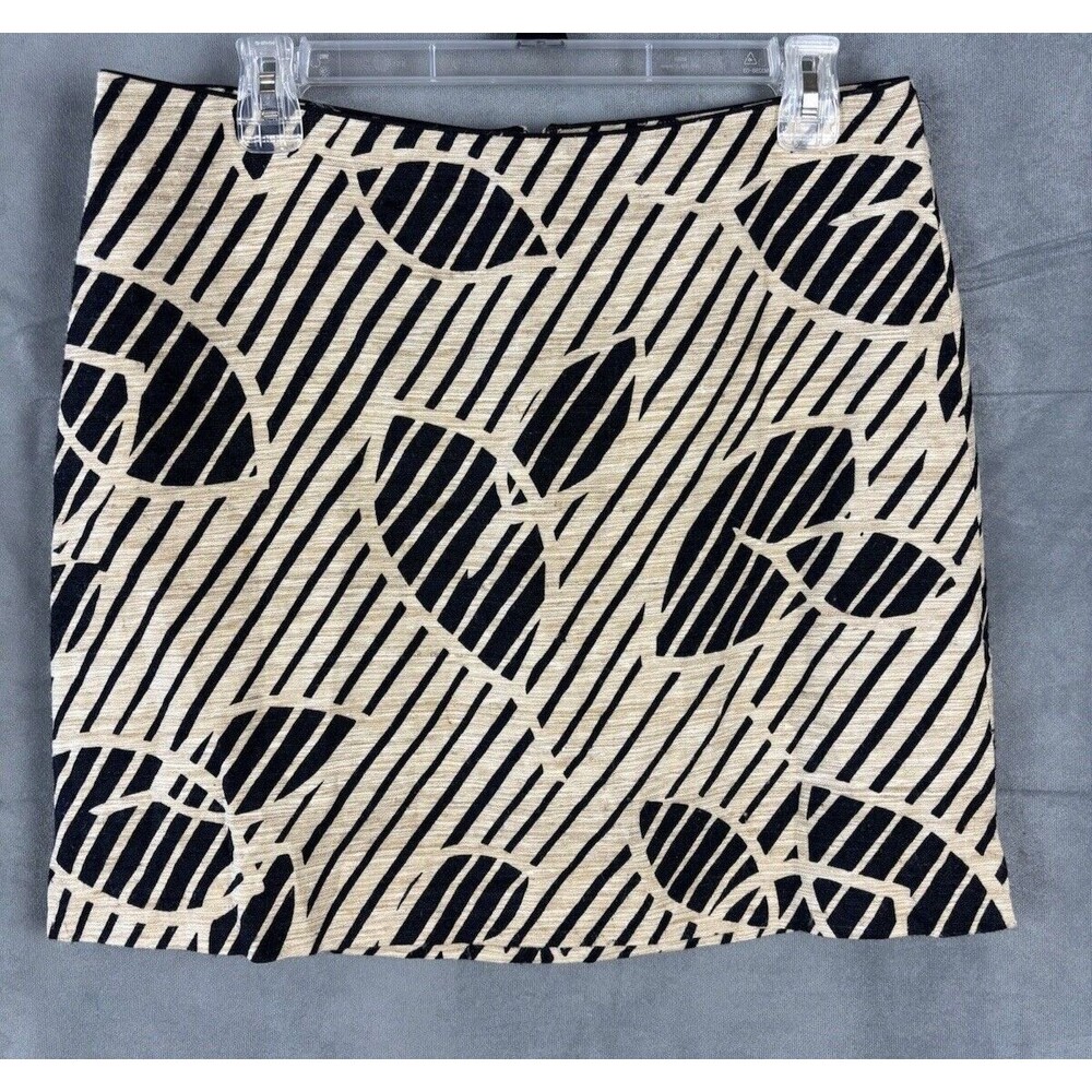 Kenneth Cole Mini Skirt Silk Tan Black Palm Floral Print Stripes size 10